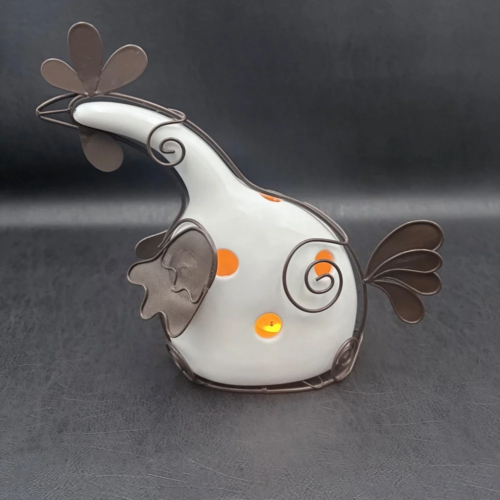 White Ceramic Chicken Tea Light Holder Brown Wire Frame Farmhouse Decor 11in